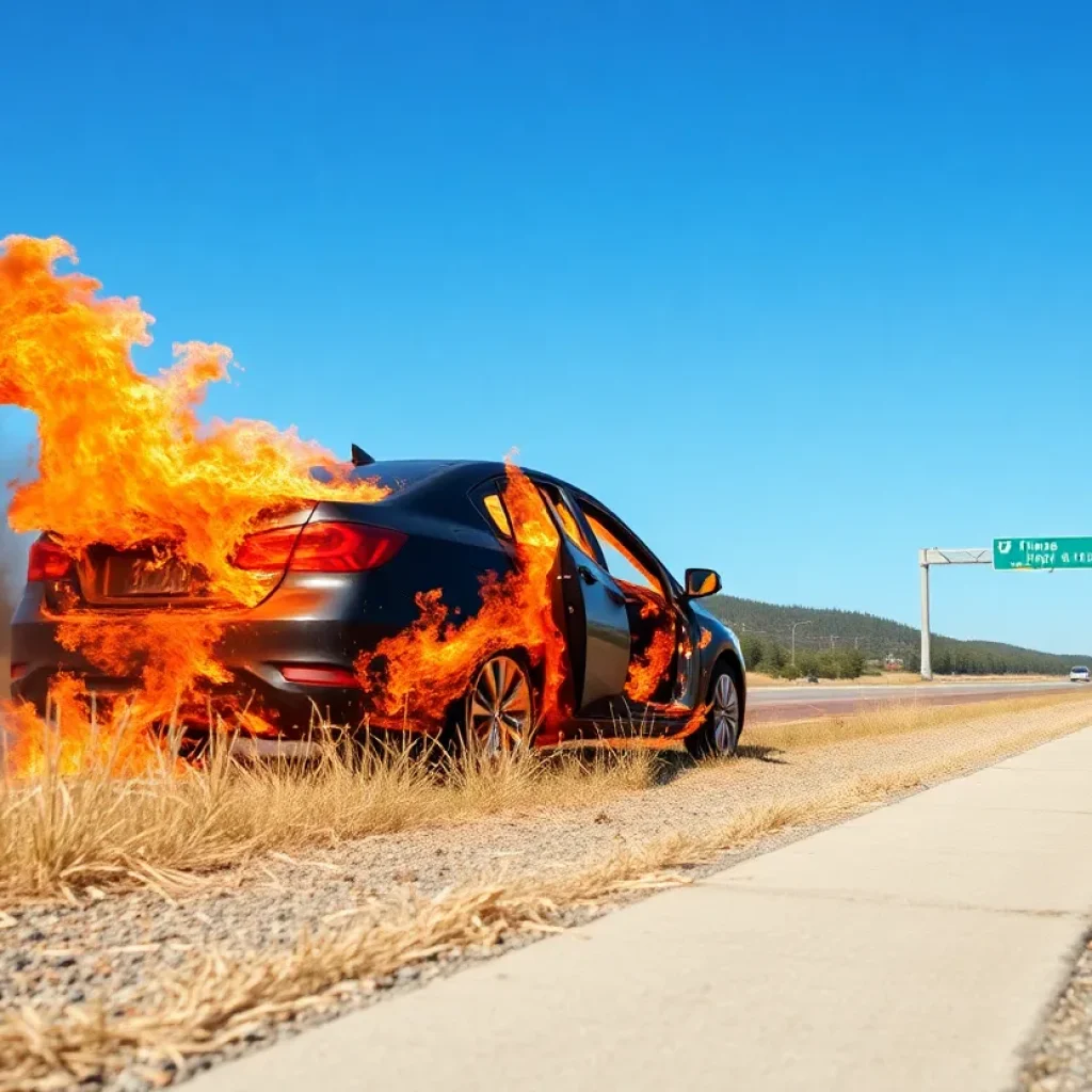 Fire burning a car on US 131 with grass ignited in the background.