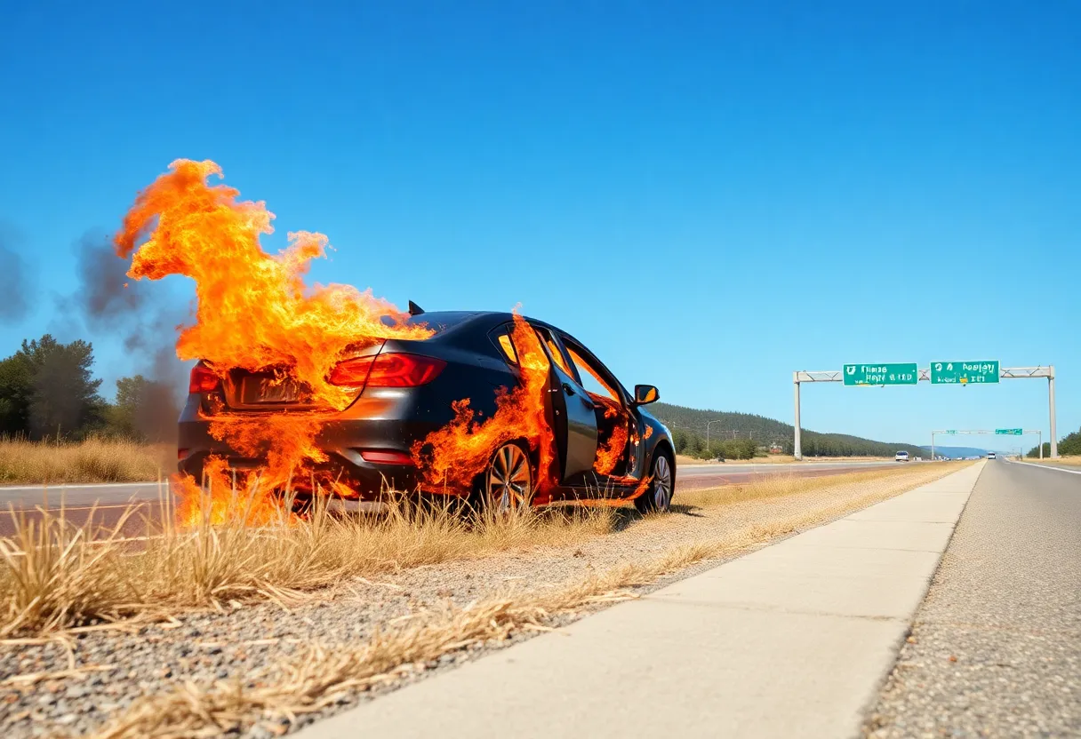 Fire burning a car on US 131 with grass ignited in the background.