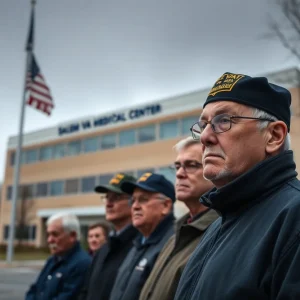 Group of veterans looking contemplative outside the VA Medical Center in Salem, Virginia.