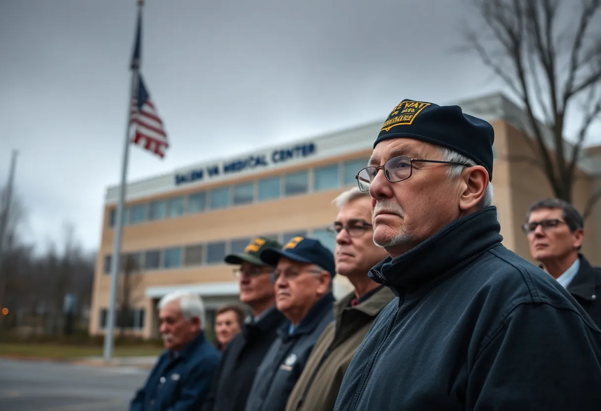 Group of veterans looking contemplative outside the VA Medical Center in Salem, Virginia.