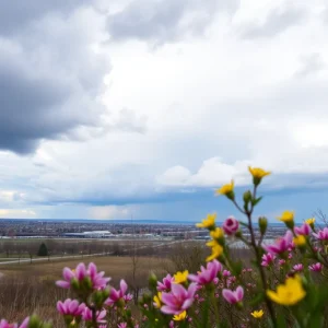Stormy spring weather in West Michigan with blooming flowers