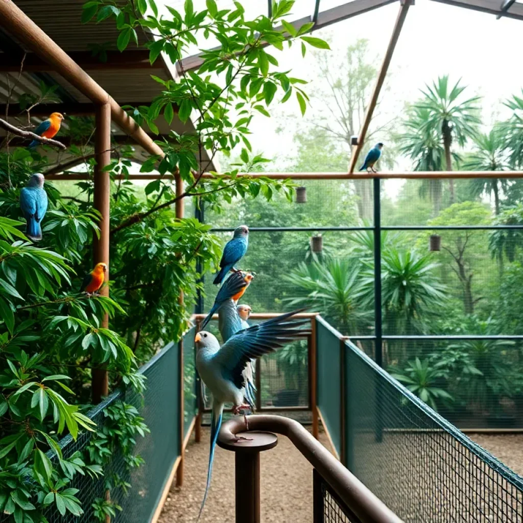Rescued birds in Albatross Aviary sanctuary viewed from a distance, surrounded by greenery.