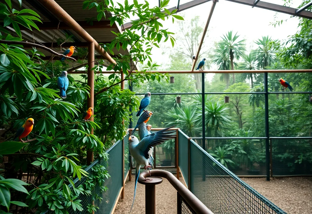 Rescued birds in Albatross Aviary sanctuary viewed from a distance, surrounded by greenery.