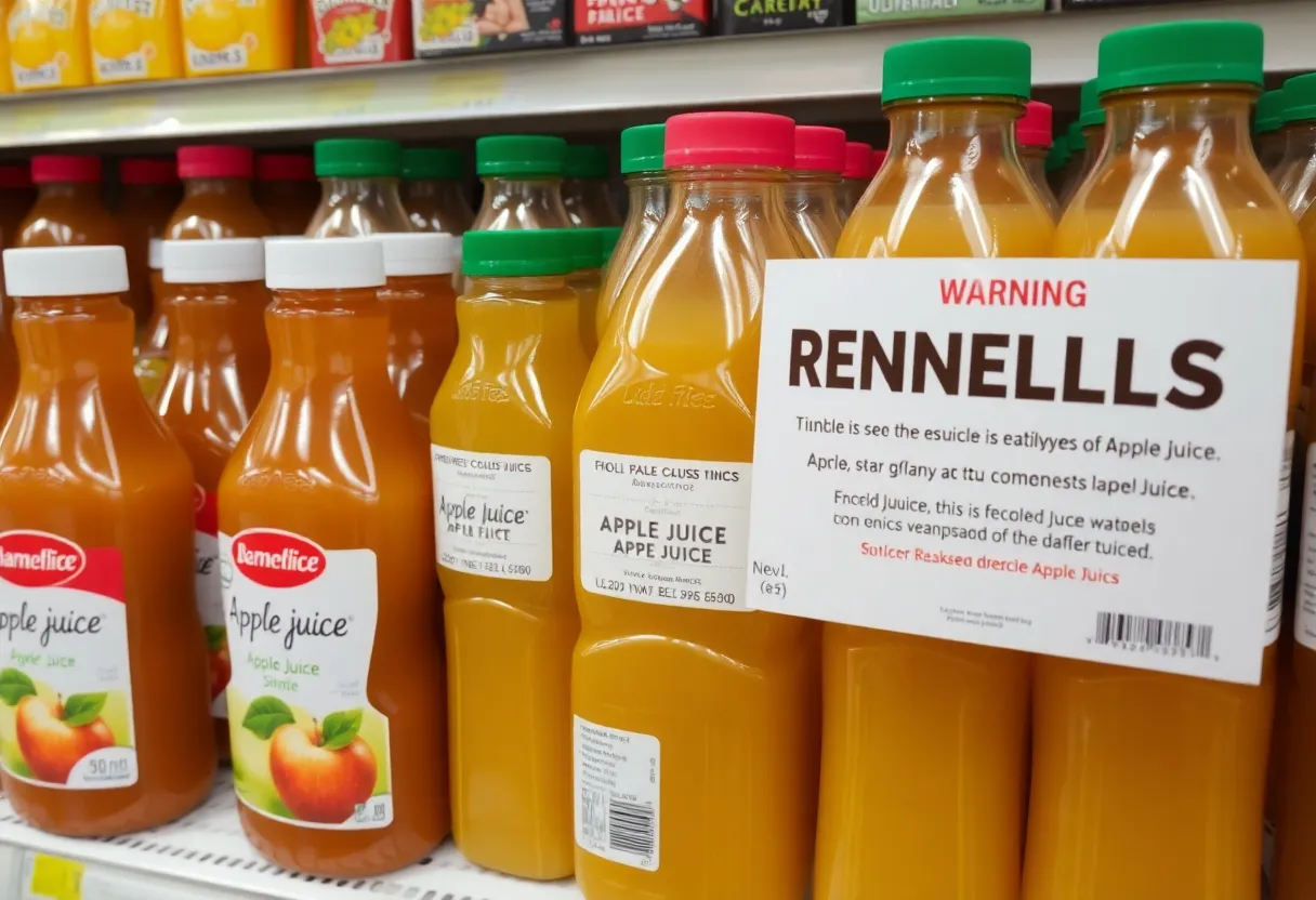 Display of apple juice bottles with a recall warning