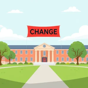 A scenic view of Aquinas College campus with symbolic representations of change.