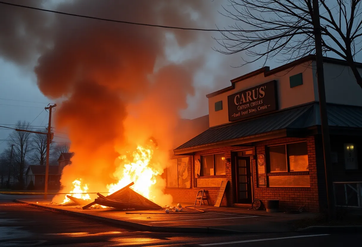 Scene of arson at a commercial building with smoke and vandalism