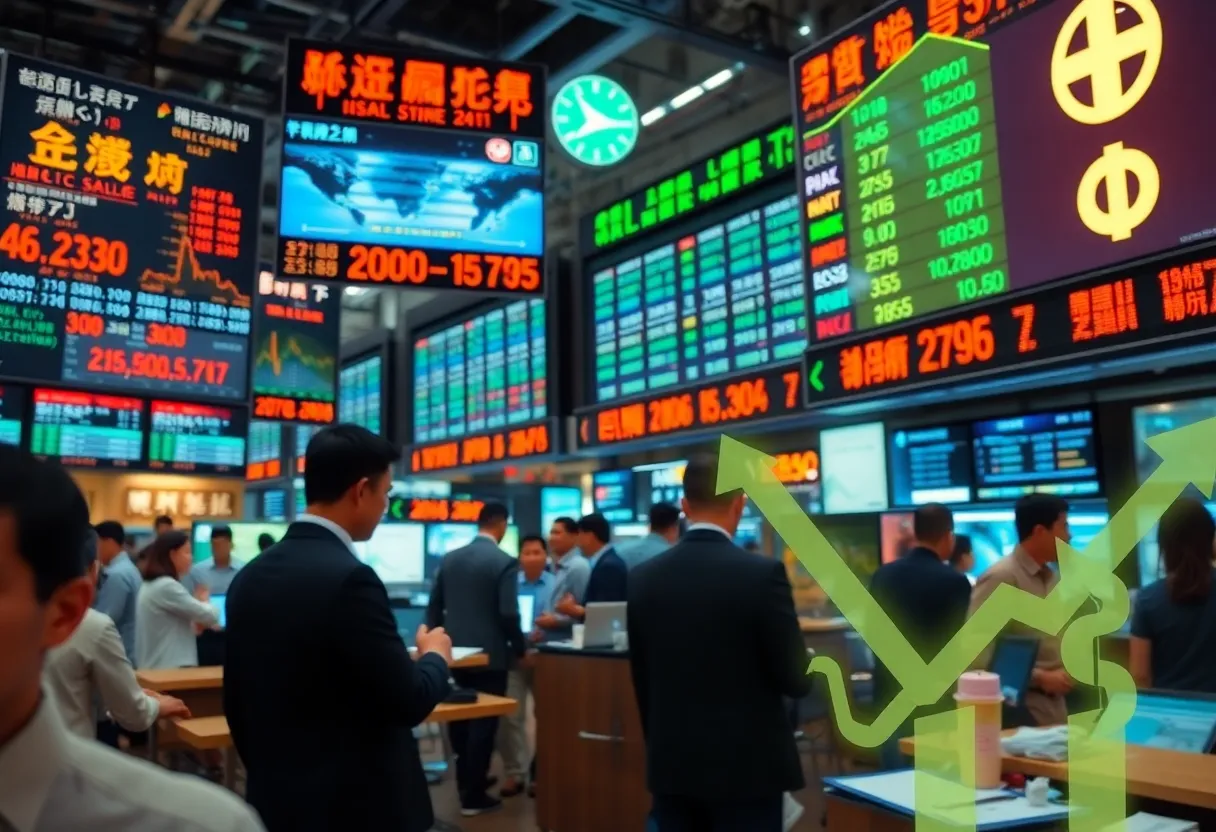 A bustling Asian stock exchange showing positive trading activity