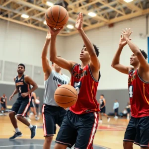 Basketball players in motion during a game