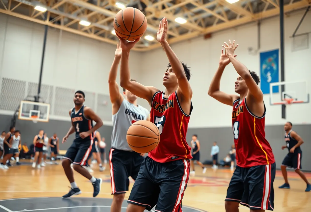 Basketball players in motion during a game