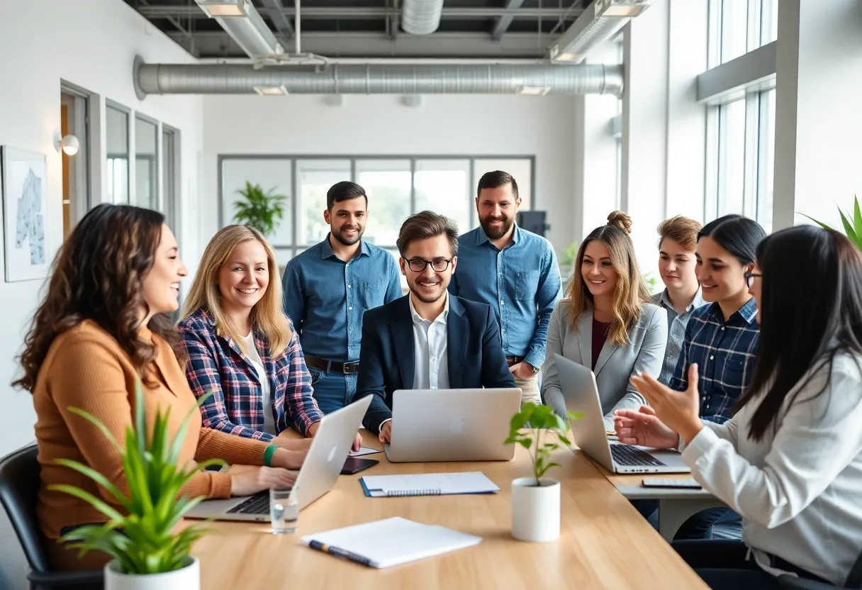 Diverse employees collaborating in a bright office setting