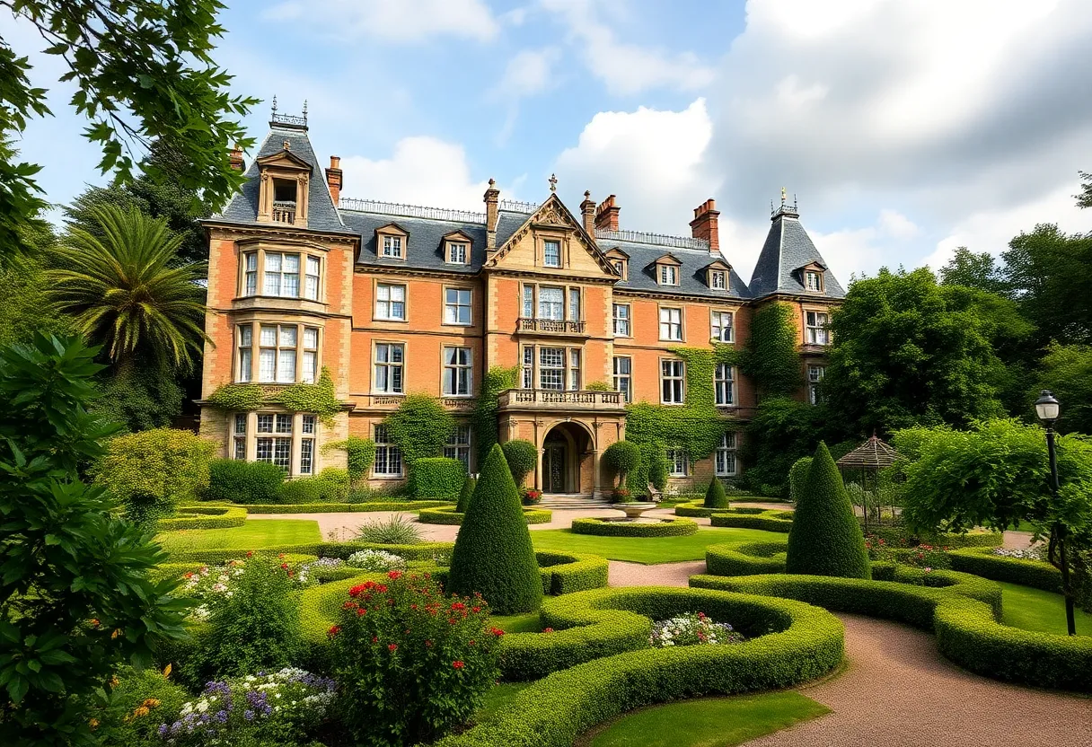 Exterior view of the Brookby estate with gardens