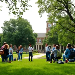 Students discussing safety policies on a university campus.
