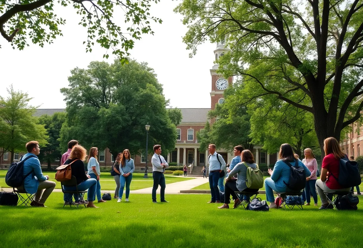 Students discussing safety policies on a university campus.