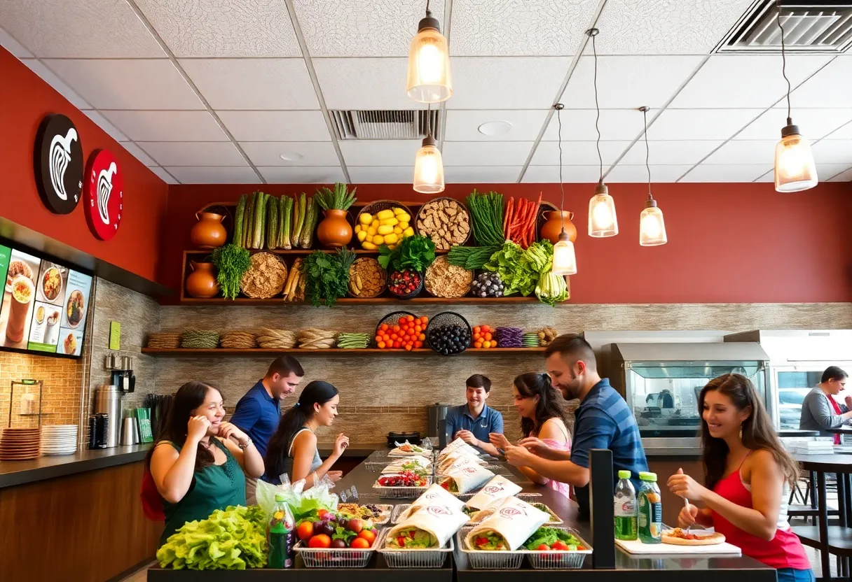 Interior view of a Chipotle restaurant with colorful ingredients and customers enjoying their dining experience.