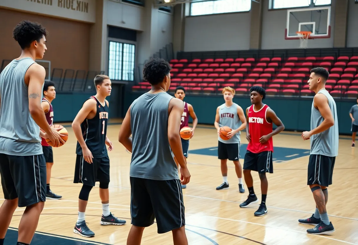 College basketball players training hard on the court