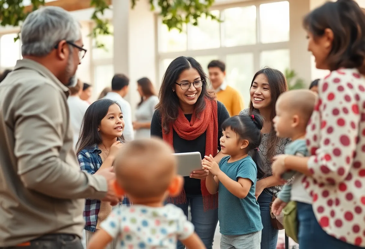 Families engaging in a discussion about managing kids' screen time at a community event.