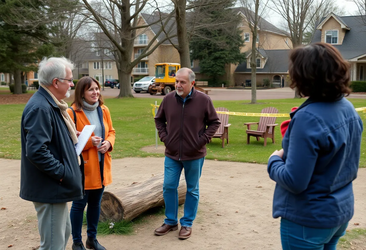 Residents gathering at a park in Grand Rapids, discussing safety measures after a tragic incident.
