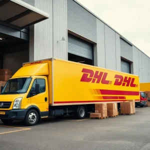 DHL delivery truck at a warehouse loading dock.
