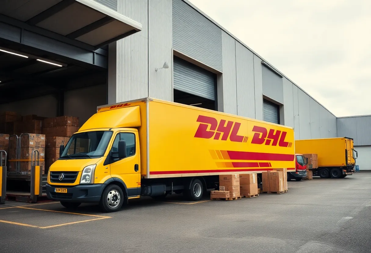 DHL delivery truck at a warehouse loading dock.