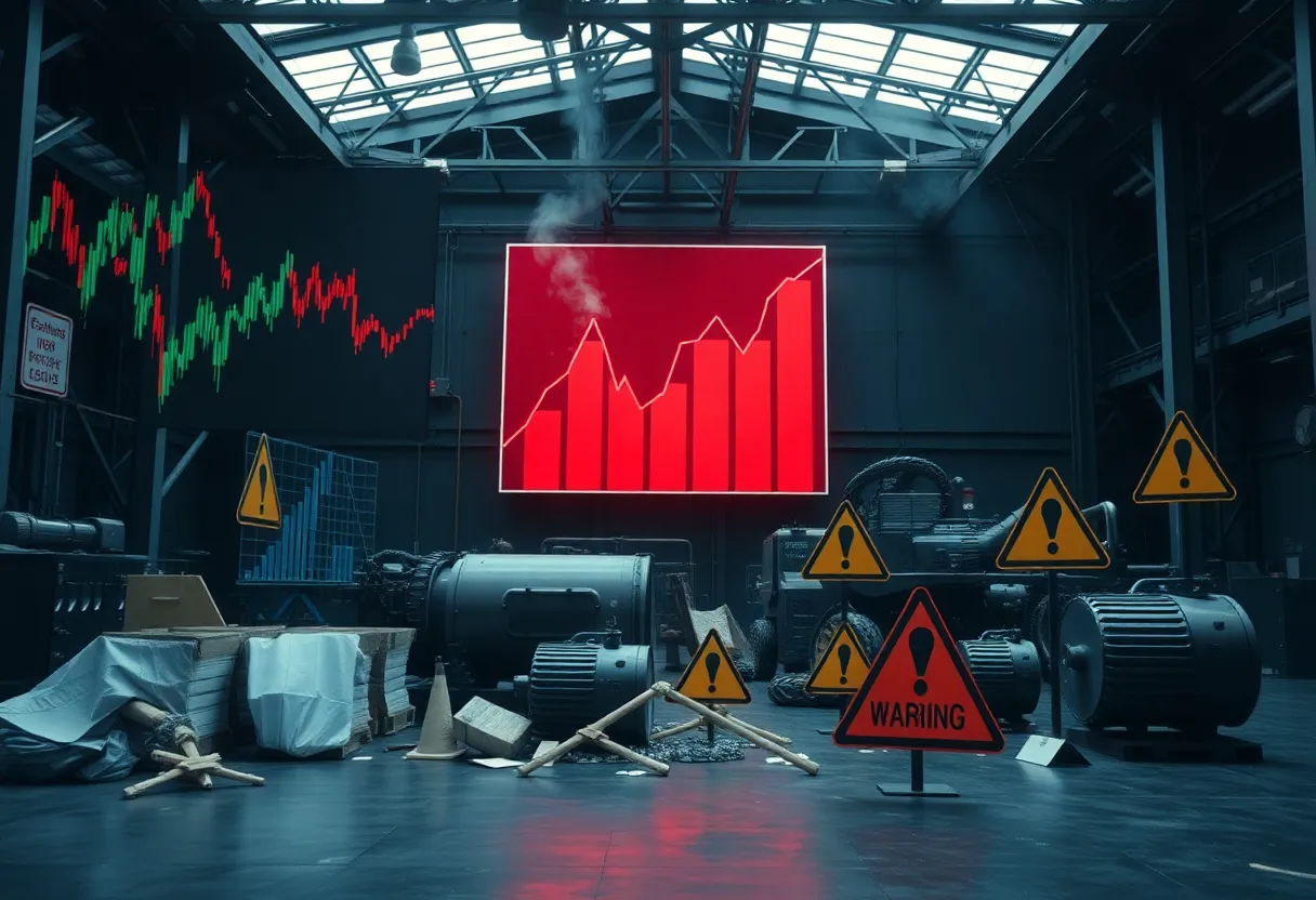 Visual representation of economic challenges with fluctuating graphs and warning signs