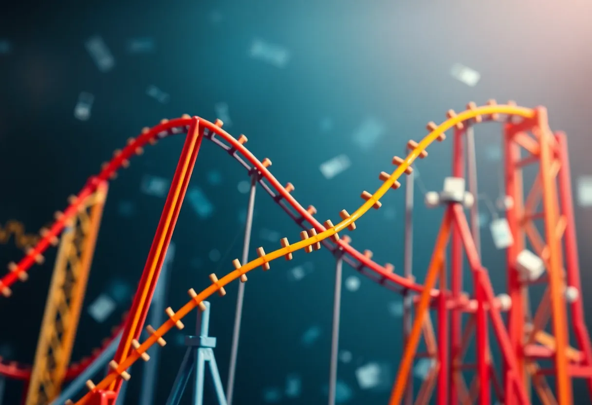 An abstract illustration showing the roller coaster of the economy with currency and graphs.