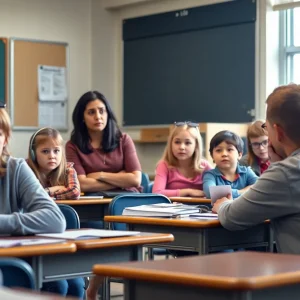 Classroom scene showing educators discussing budget challenges