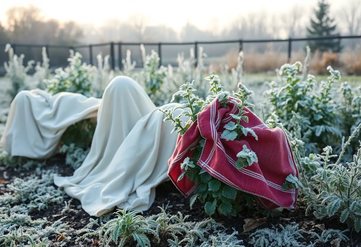 Plants covered with sheets for frost protection