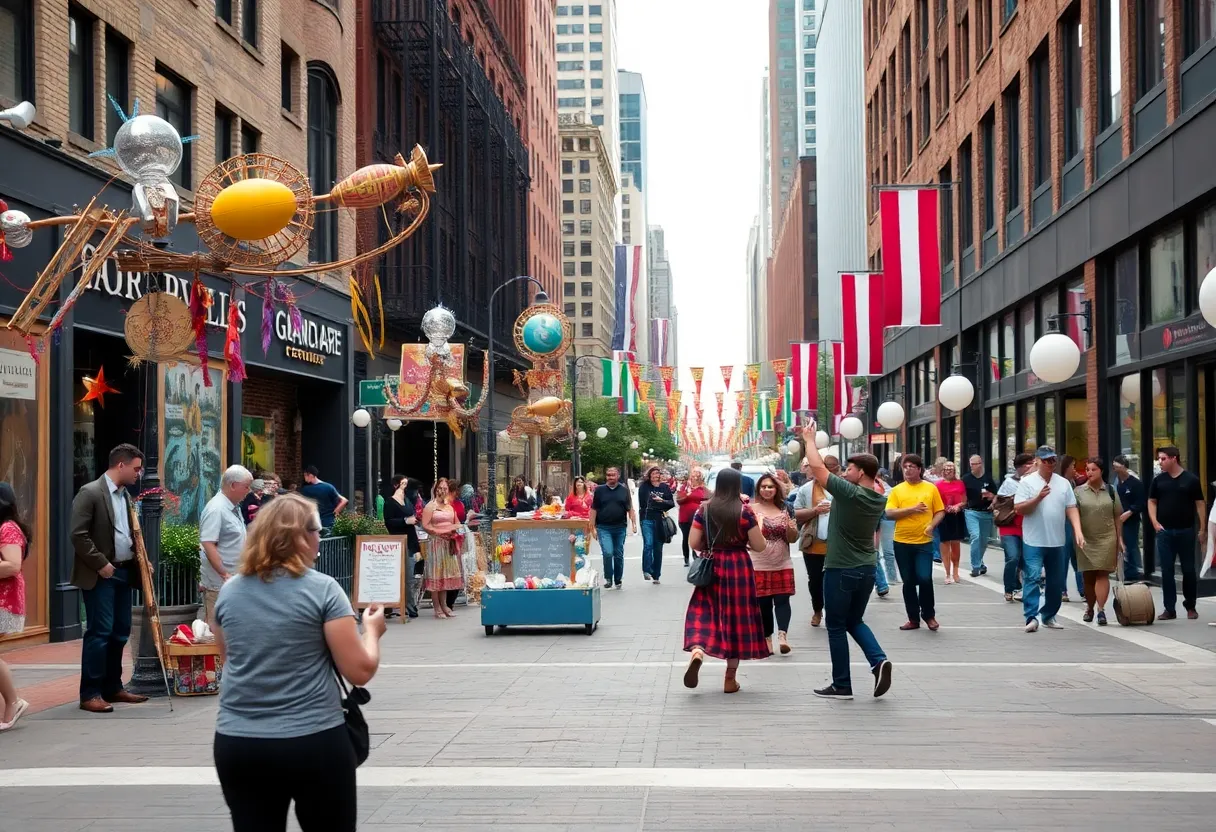 Street art and performers contributing to the local arts scene in Grand Rapids.