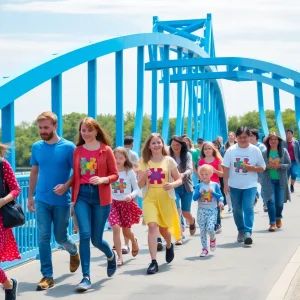 Participants of the Autism Awareness Walk crossing the Blue Bridge in Grand Rapids