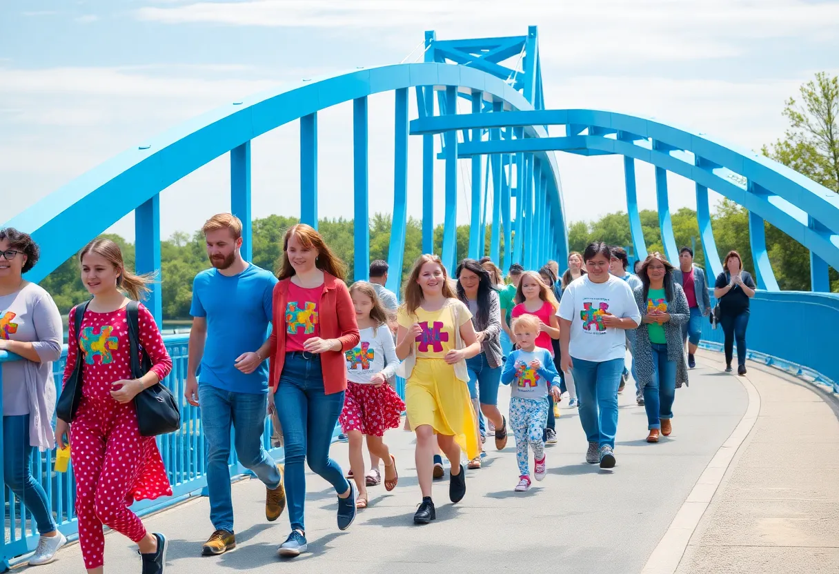Participants of the Autism Awareness Walk crossing the Blue Bridge in Grand Rapids