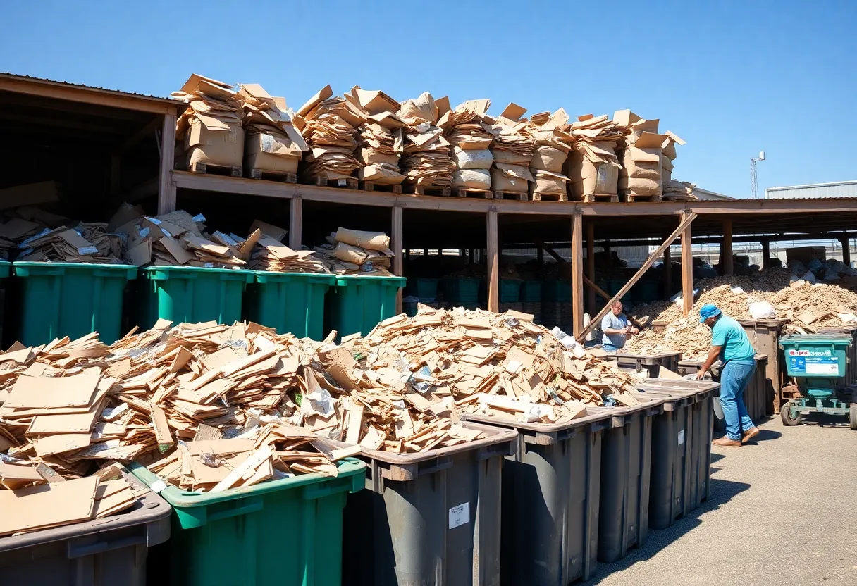 Workers at a recycling facility sorting cardboard materials.