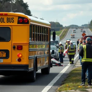Scene of a bus crash with emergency responders at the site.