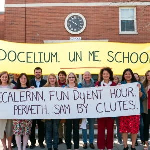 Community members rallying against federal education cuts outside Union High School
