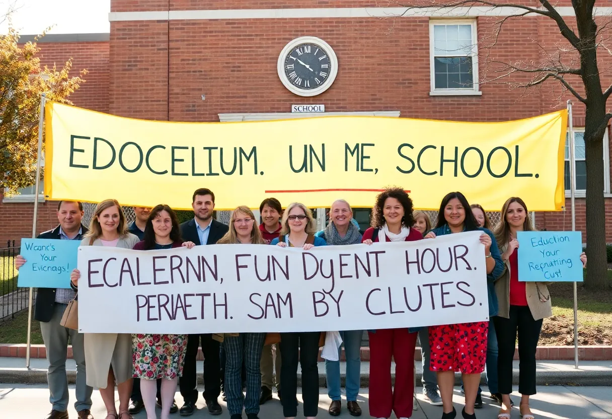 Community members rallying against federal education cuts outside Union High School