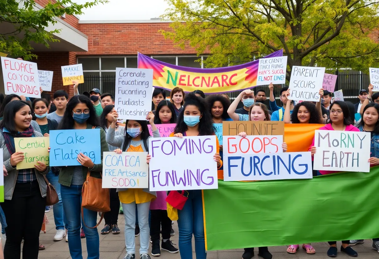 Protesters advocating for education funding at Union High School in Grand Rapids