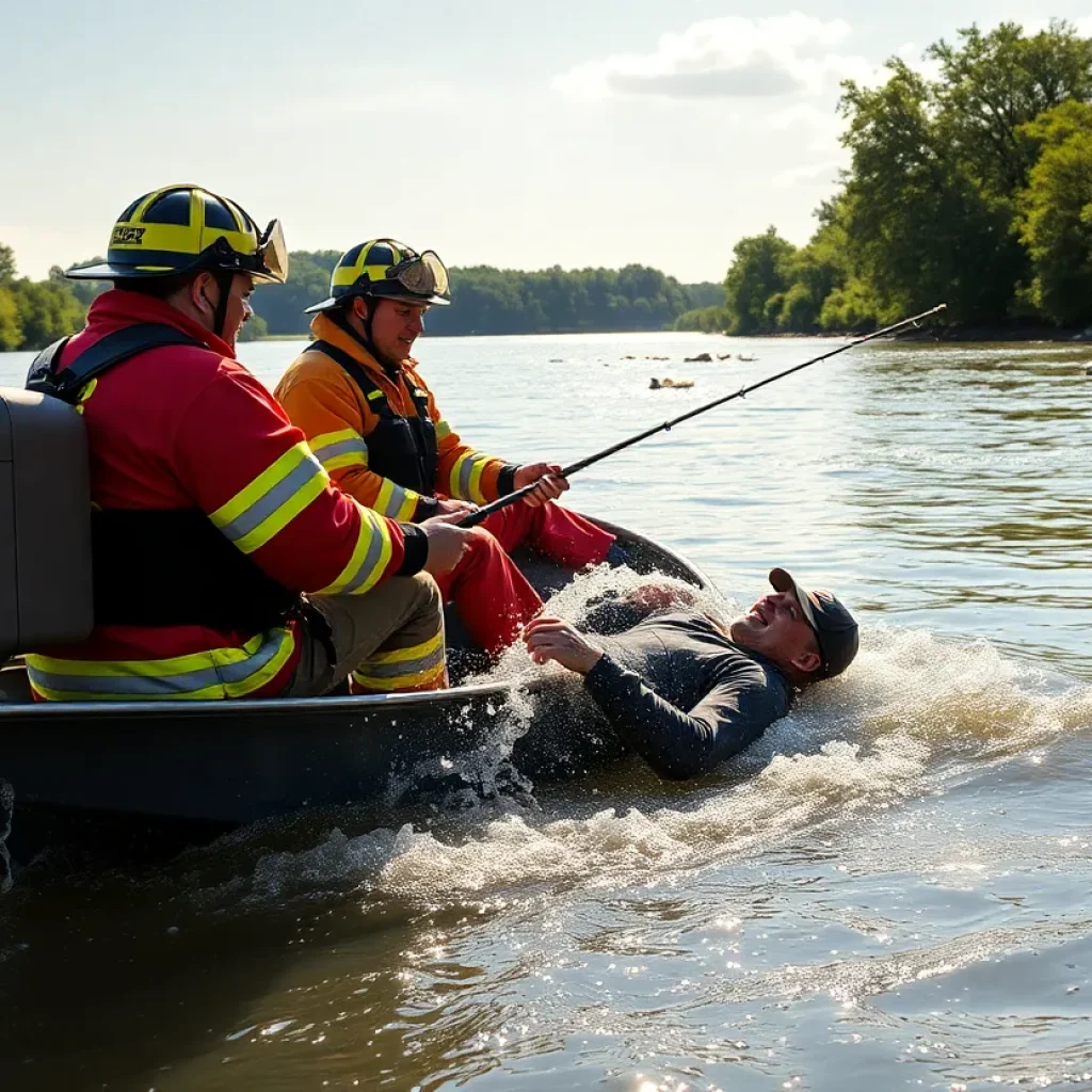 Firefighters in boat rescuing fisherman from Grand River
