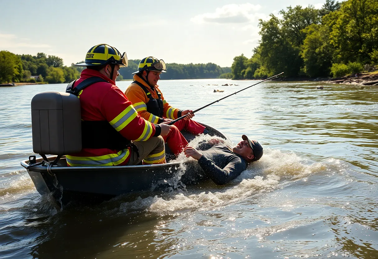 Firefighters in boat rescuing fisherman from Grand River