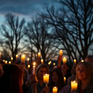 Community members holding candles at dusk during a vigil for gun violence victims.