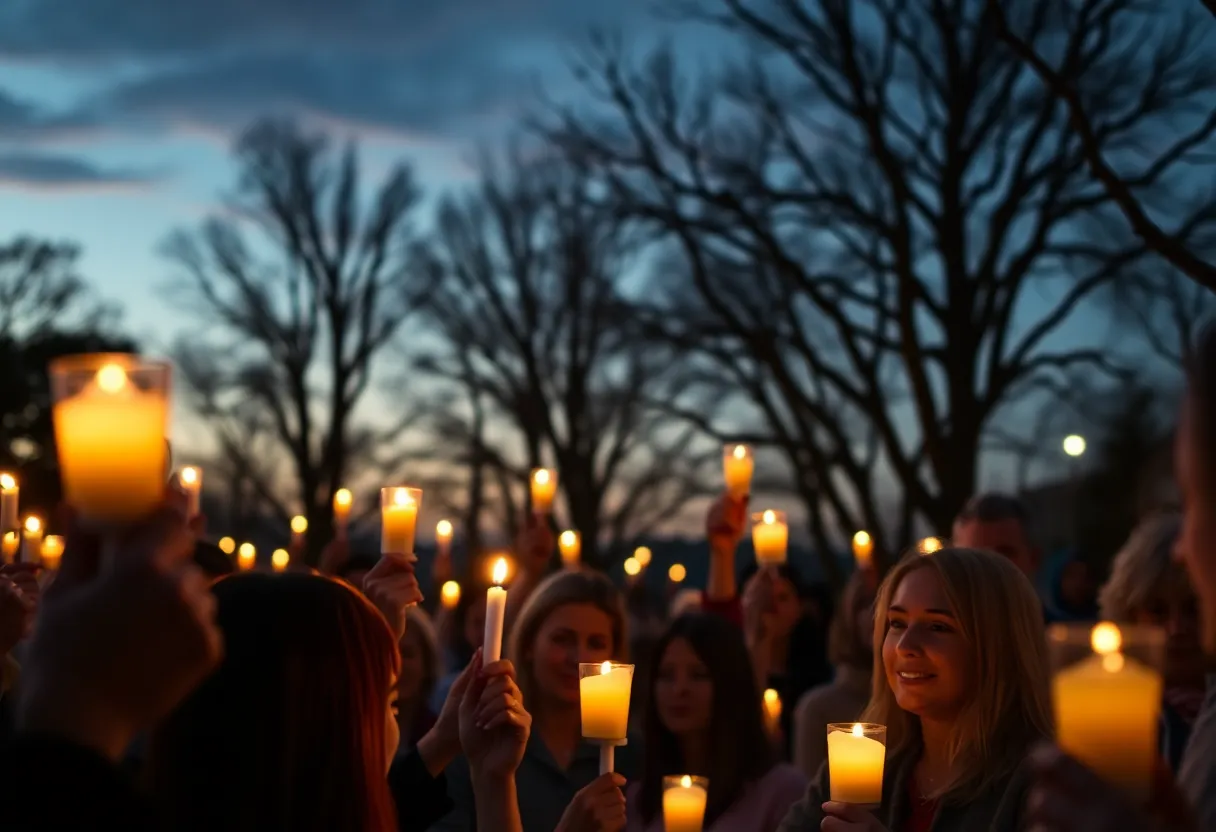 Community members holding candles at dusk during a vigil for gun violence victims.