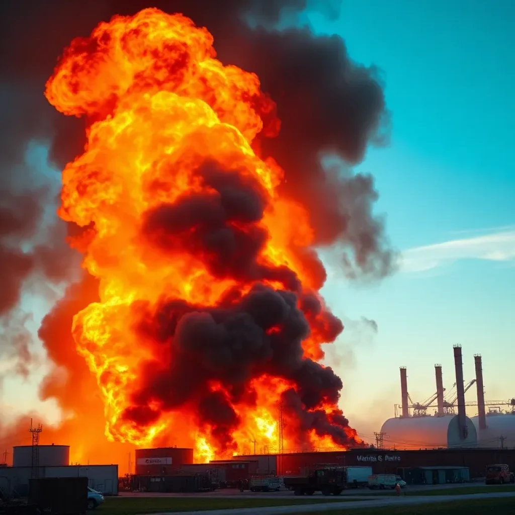 Firefighters battling a large industrial fire