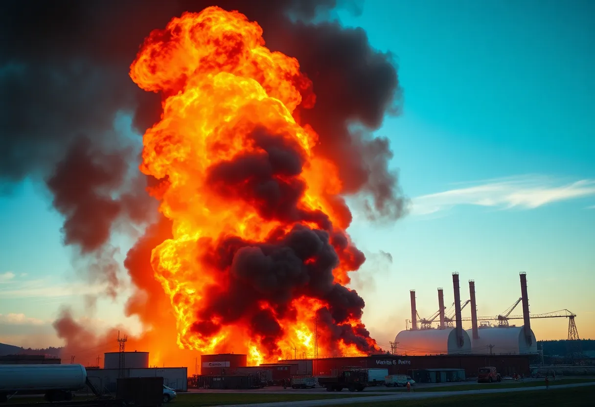 Firefighters battling a large industrial fire
