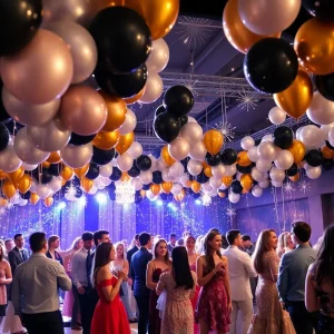 Grand Rapids Montessori students enjoying the prom under city lights decorations.