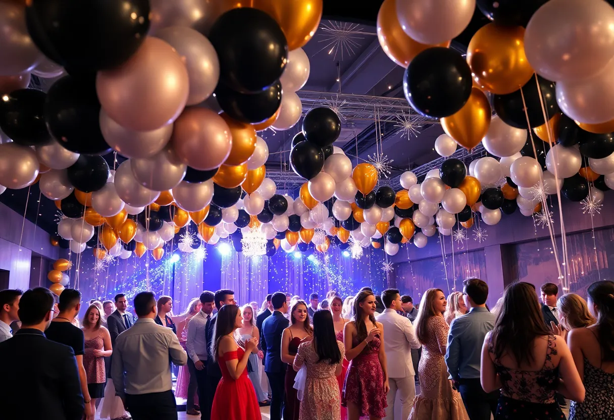Grand Rapids Montessori students enjoying the prom under city lights decorations.
