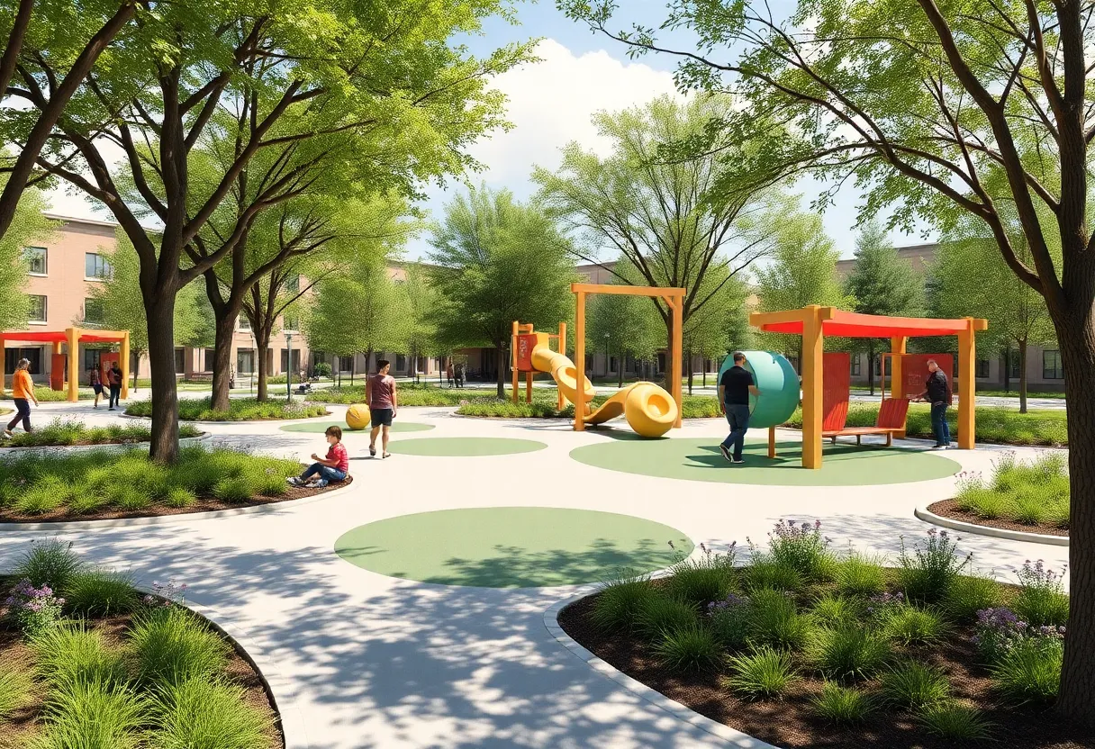 Conceptual design of a new park in Grand Rapids with play areas and greenery
