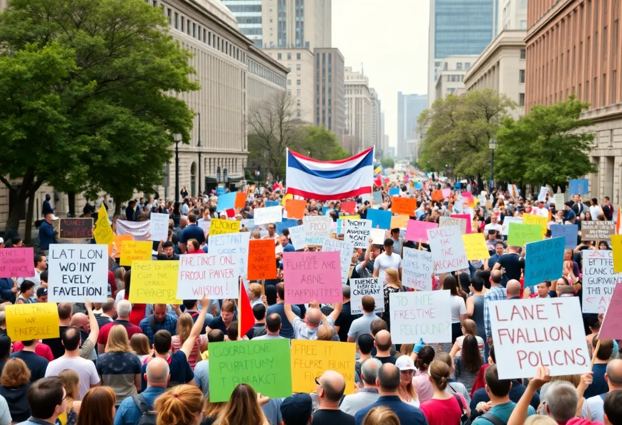 Crowd of protesters with signs in Grand Rapids