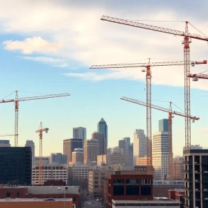Skyline of Grand Rapids showing construction of new housing developments