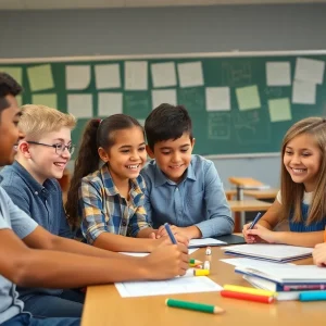 Engaged students in a math classroom with their teacher