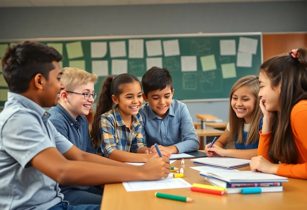 Engaged students in a math classroom with their teacher