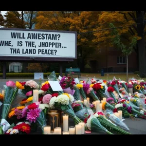 A community memorial honoring a young teen with flowers and a billboard.