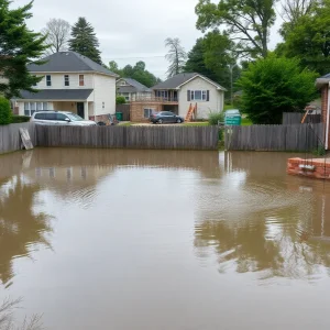 A flooded backyard in Grand Rapids Township due to nearby construction.